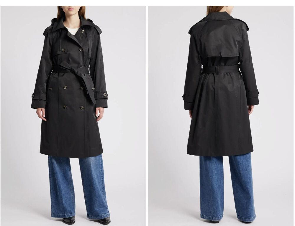 London Fog Women’s Water Resistant Belted Black Trench Coat Size XL NWOT